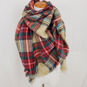 Blanket Scarf Tartan Plaid Scarf Preppy Red Tan Green Scarf Cozy Boho Scarf